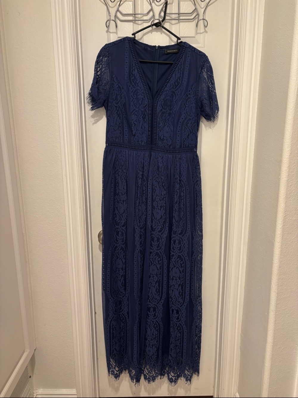 Navy Lace Maxi Dress with Short Sleeves